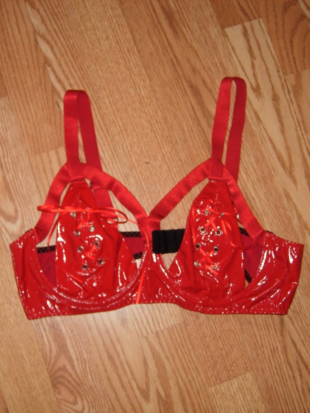 Vintage Shirley Of Hollywood Red Lace Up Bra XL
